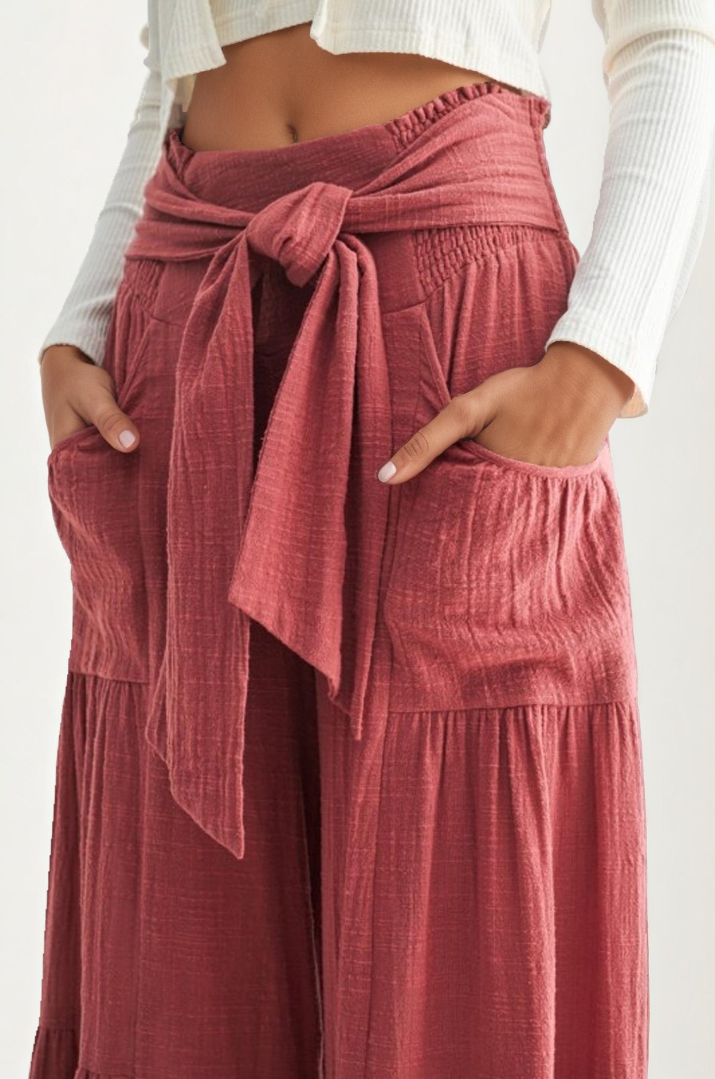 Wide-Leg Pants with Tie-Front Waist and Patch Pockets
