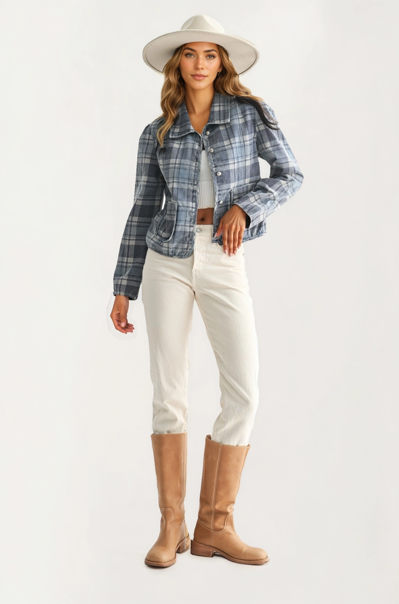 Cropped Plaid Jacket with Button Front and Pocket Detail