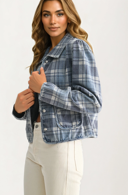 Cropped Plaid Jacket with Button Front and Pocket Detail