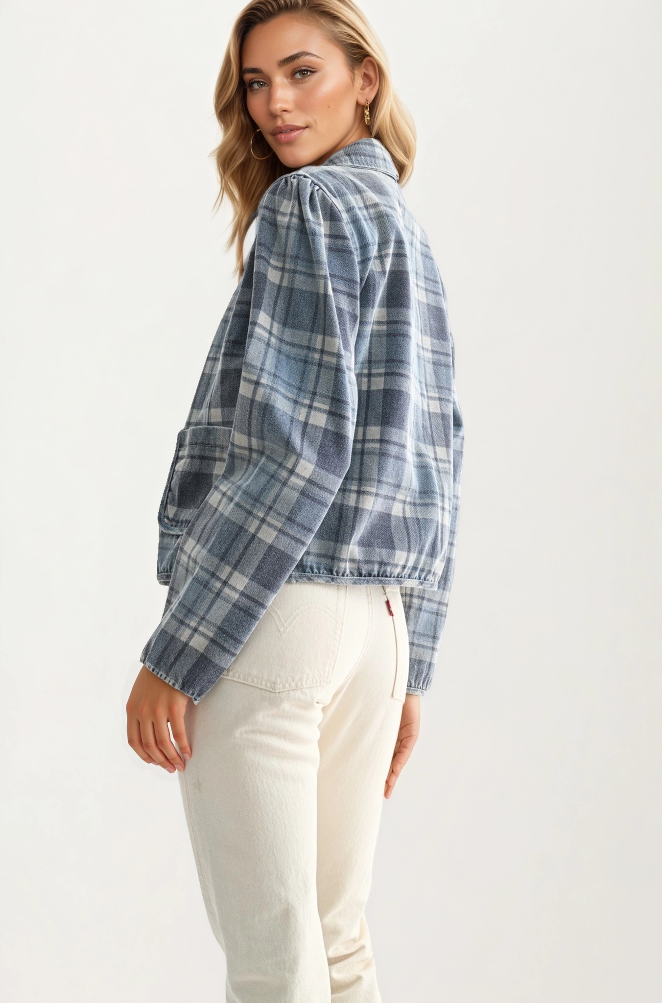 Cropped Plaid Jacket with Button Front and Pocket Detail