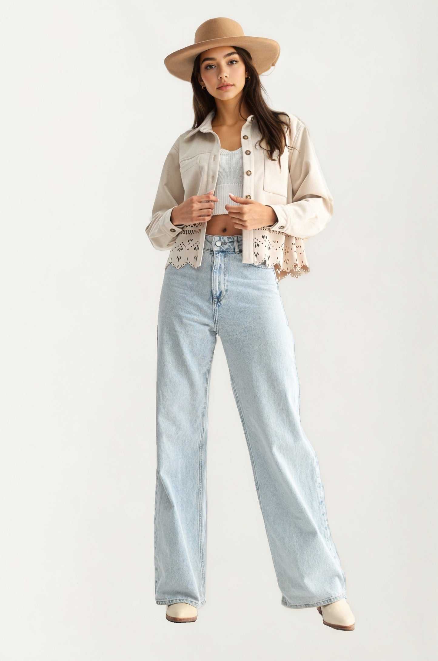 Scalloped Hem Button-Front Jacket with Eyelet Cutout Detail