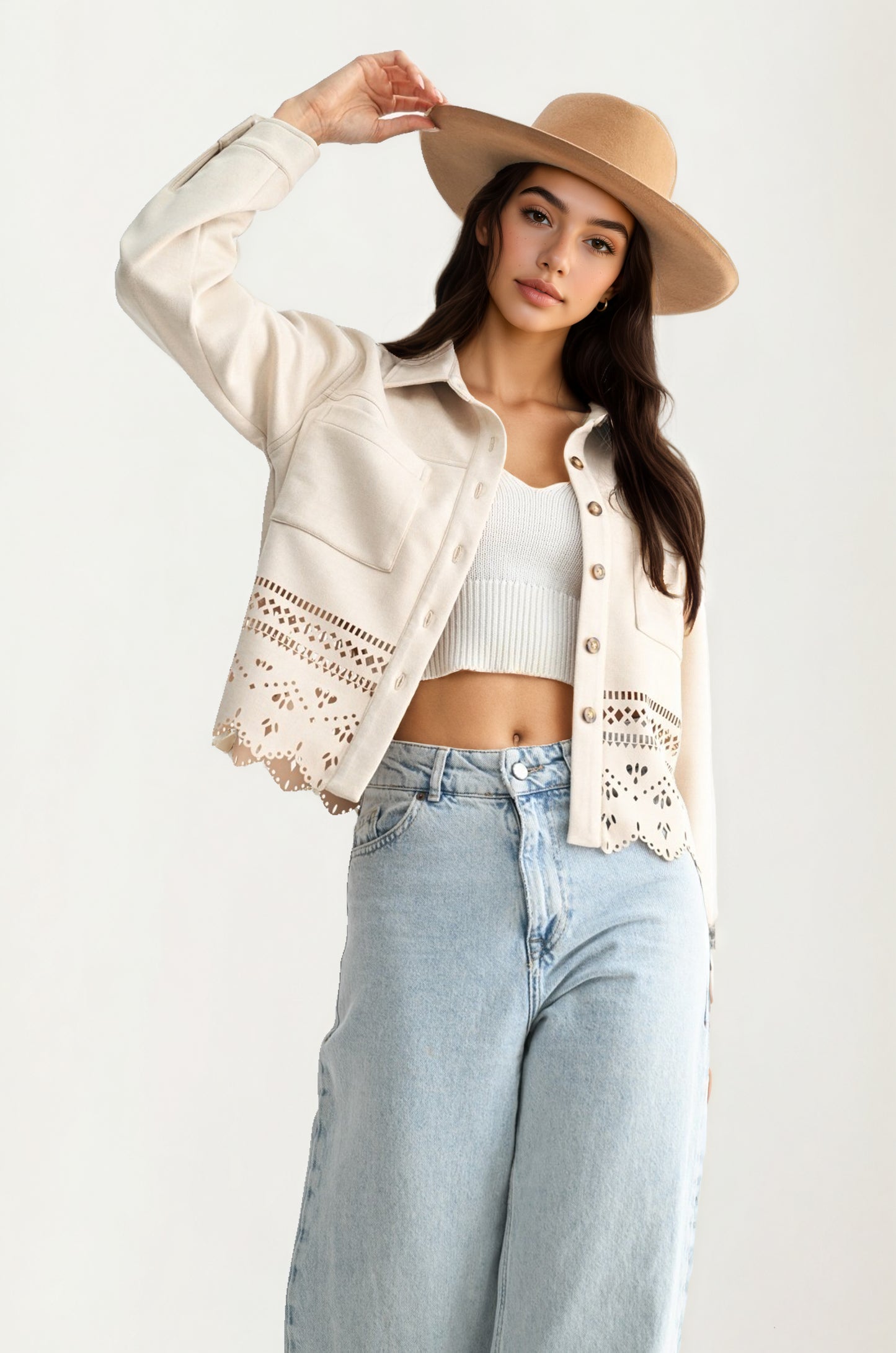 Scalloped Hem Button-Front Jacket with Eyelet Cutout Detail