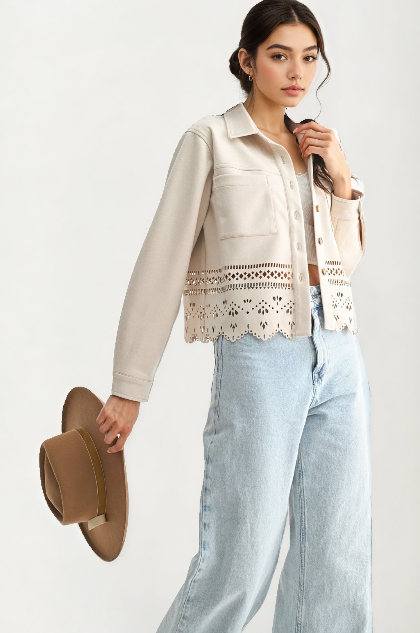 Scalloped Hem Button-Front Jacket with Eyelet Cutout Detail