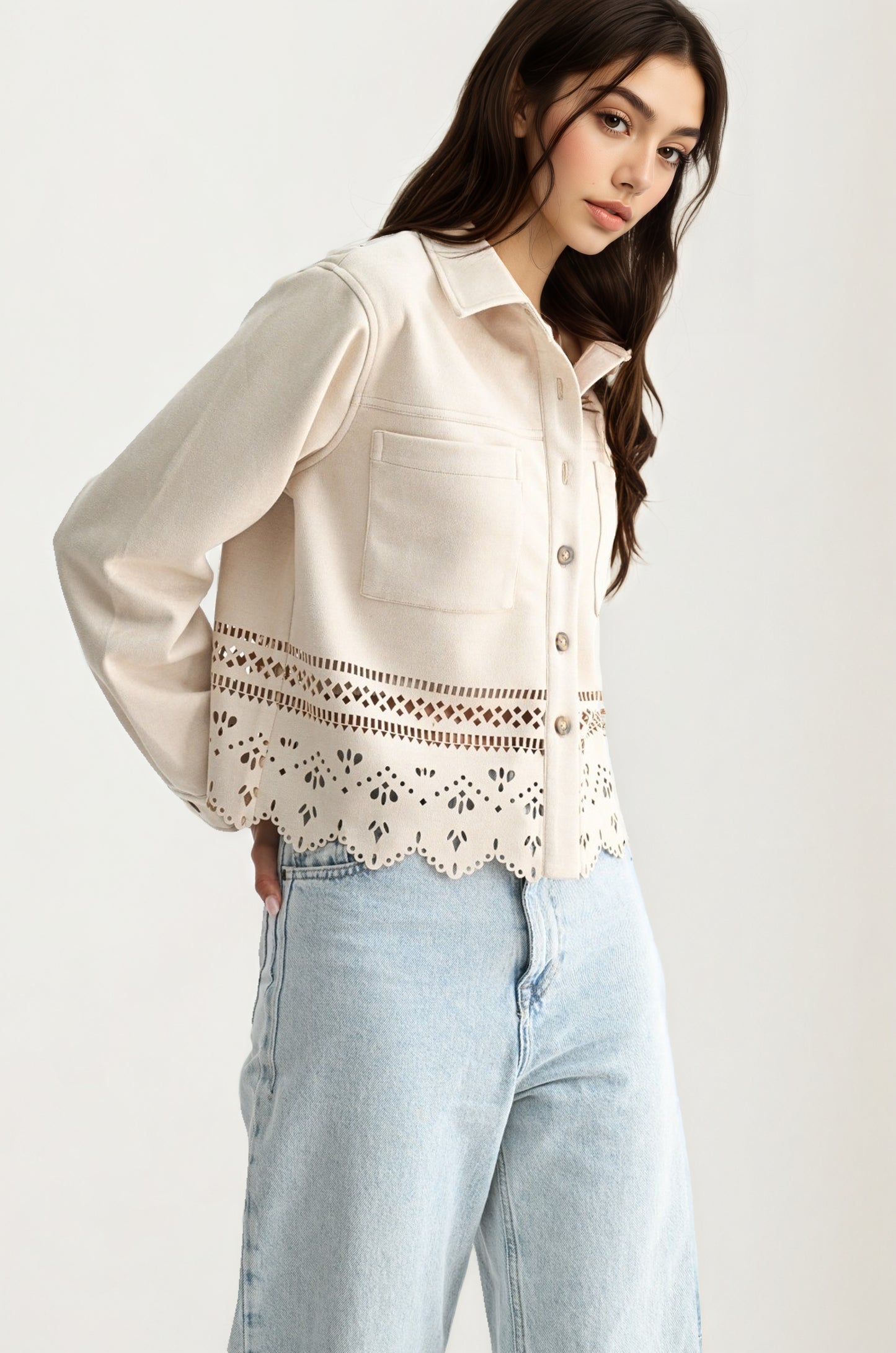 Scalloped Hem Button-Front Jacket with Eyelet Cutout Detail