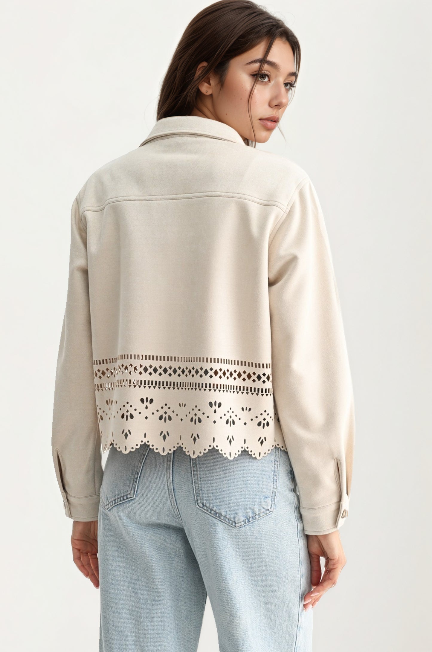 Scalloped Hem Button-Front Jacket with Eyelet Cutout Detail