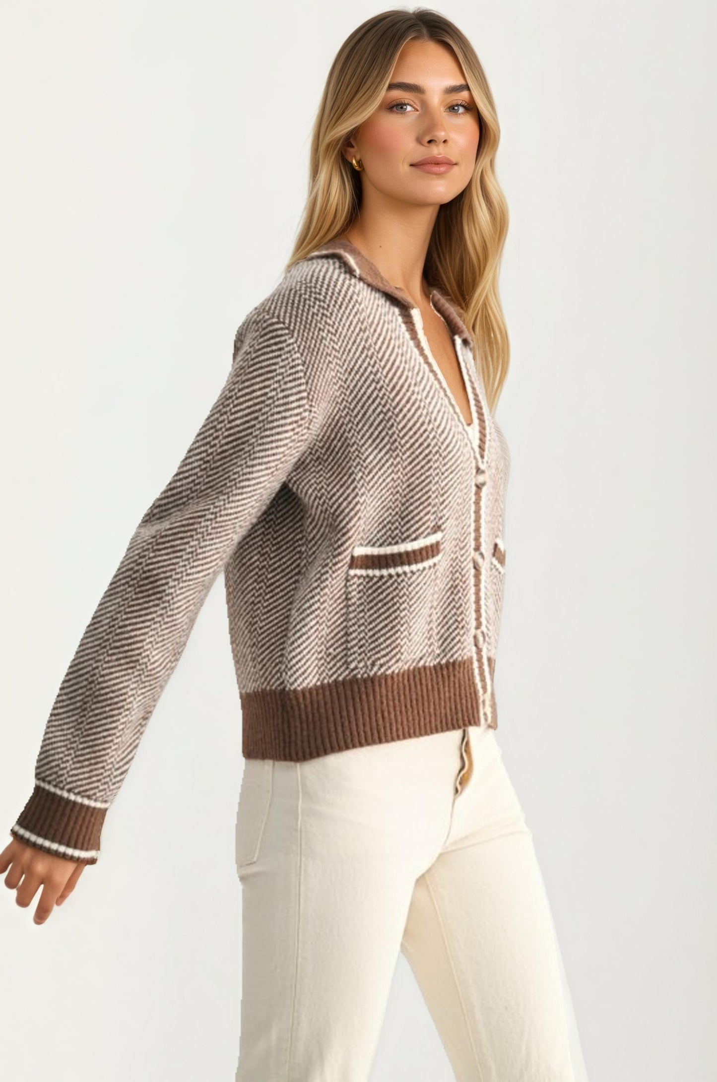 Cropped Button-Front Cardigan with Contrast Trim