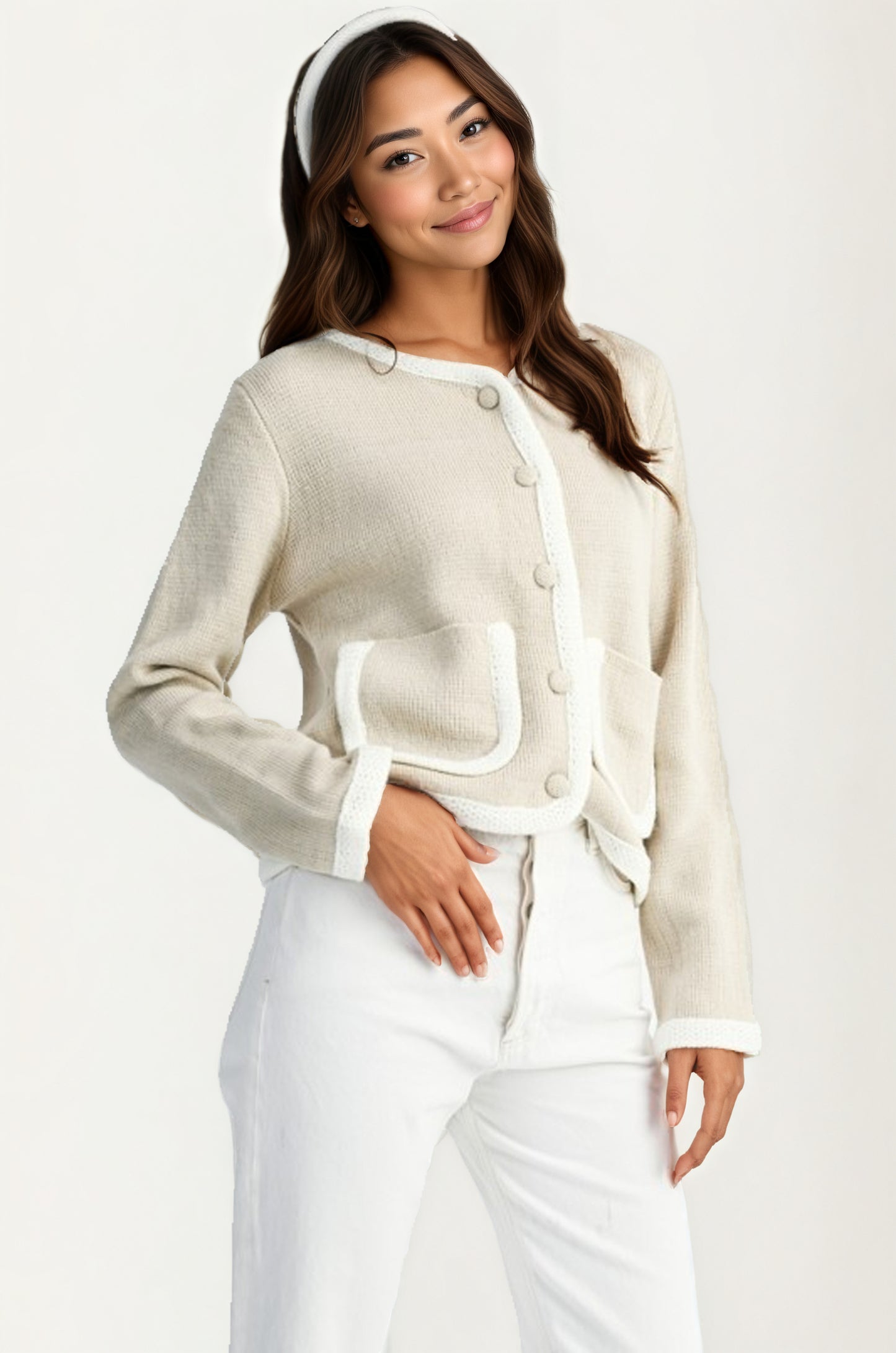 Button Front Cardigan with Contrast Trim and Front Pockets