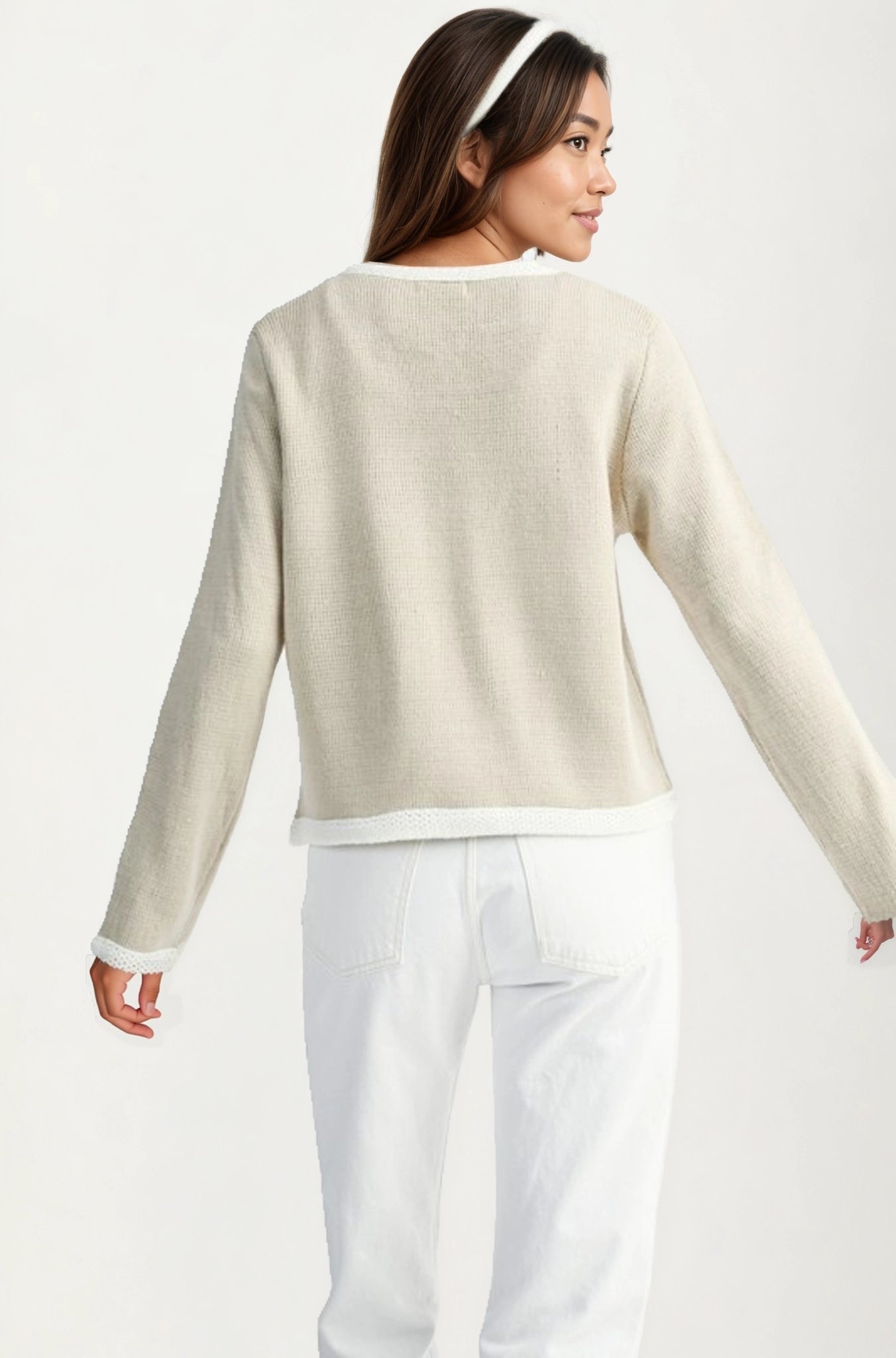 Button Front Cardigan with Contrast Trim and Front Pockets