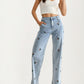 High Rise Embroidered Floral Straight Leg Denim Jeans