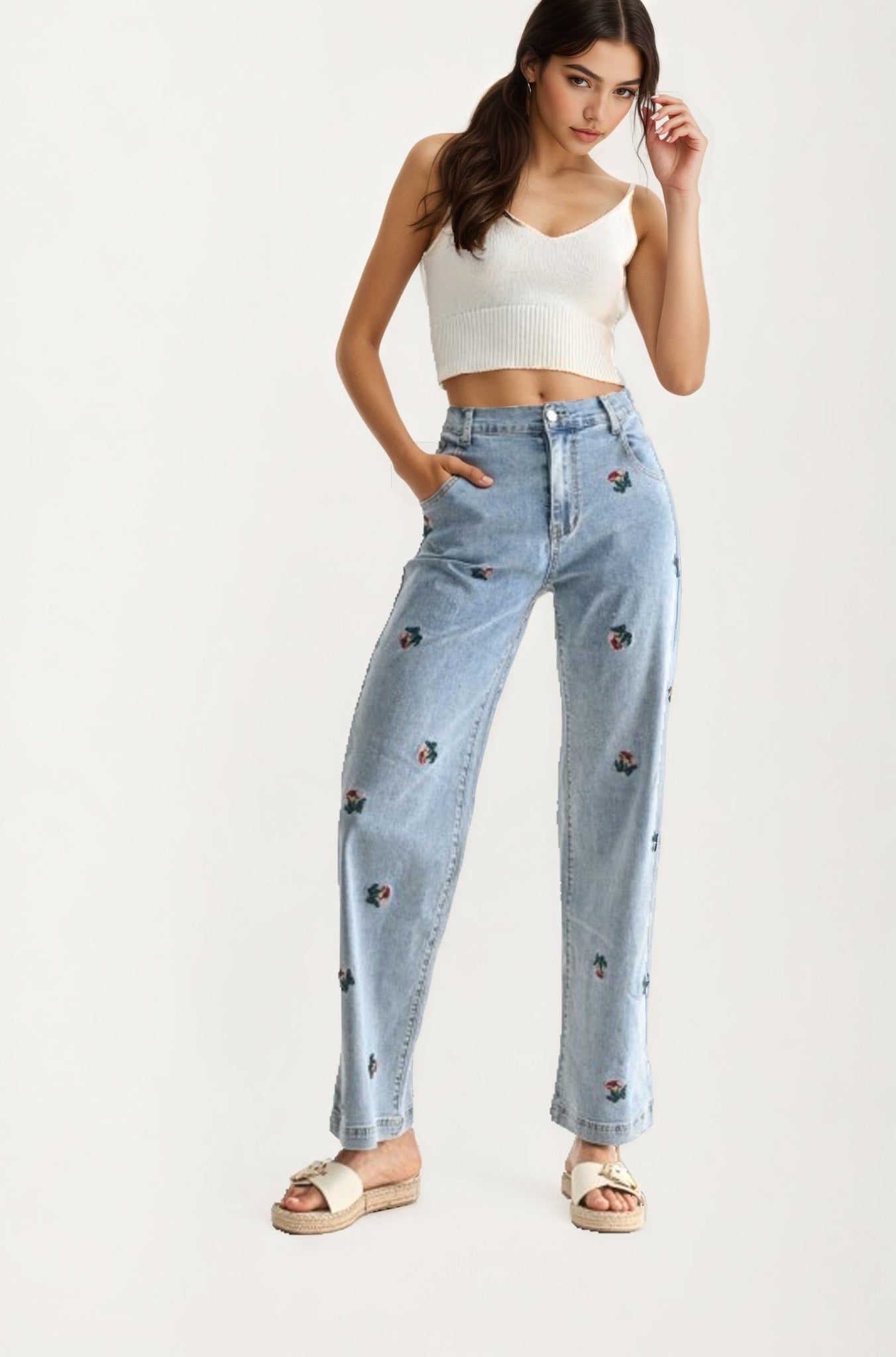 High Rise Embroidered Floral Straight Leg Denim Jeans