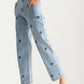 High Rise Embroidered Floral Straight Leg Denim Jeans
