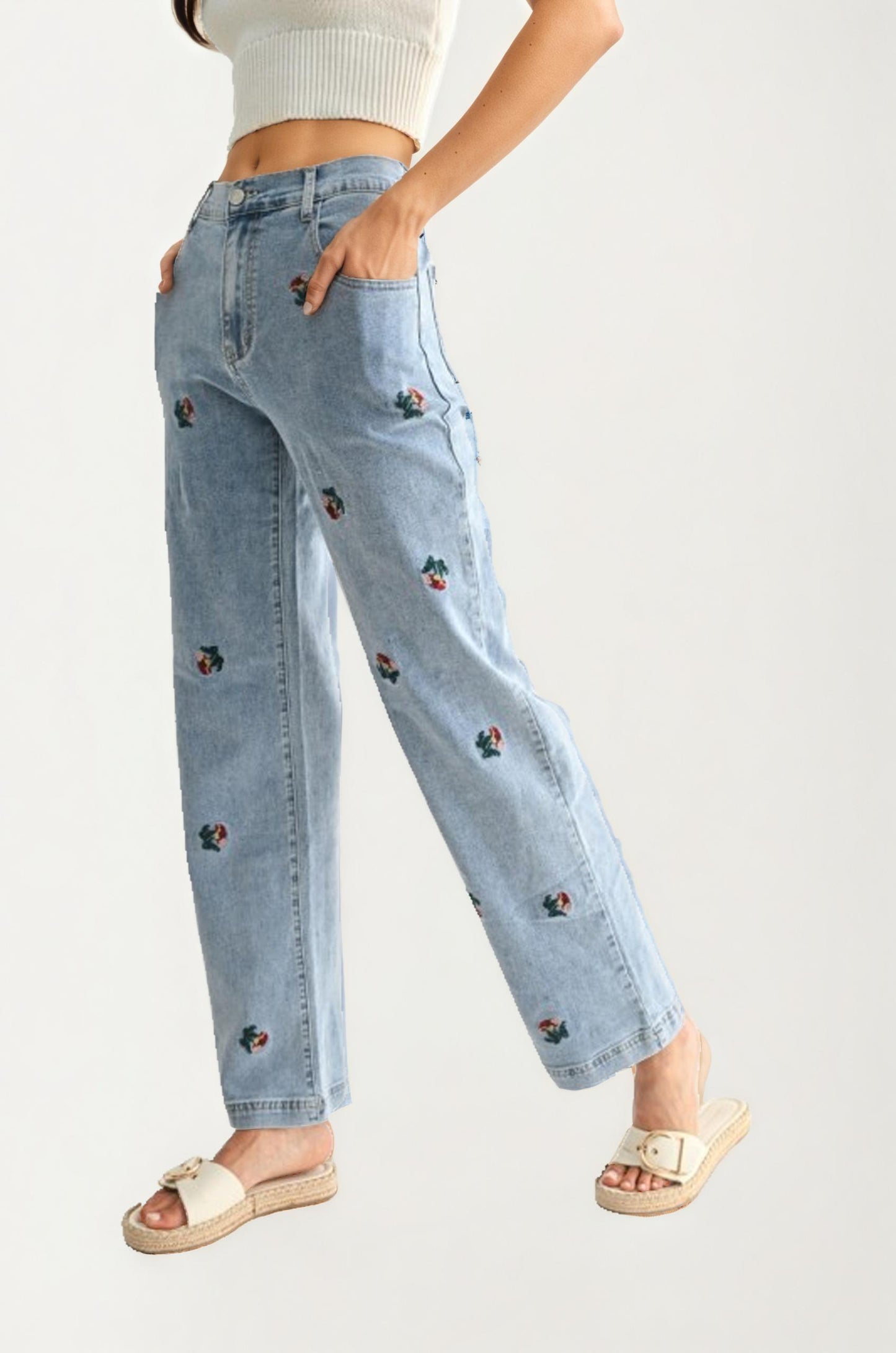 High Rise Embroidered Floral Straight Leg Denim Jeans