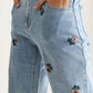 High Rise Embroidered Floral Straight Leg Denim Jeans