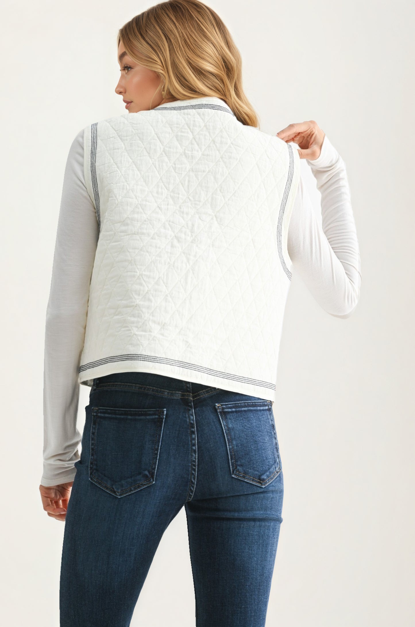 White Quilted Vest with Bold Black Floral Embroidery