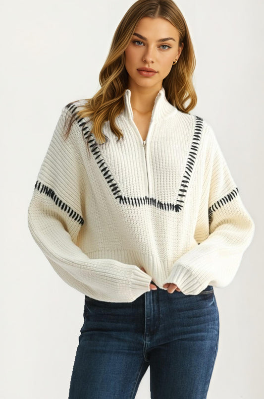 Half-Zip Sweater with Contrast Stitch and Relaxed Fit