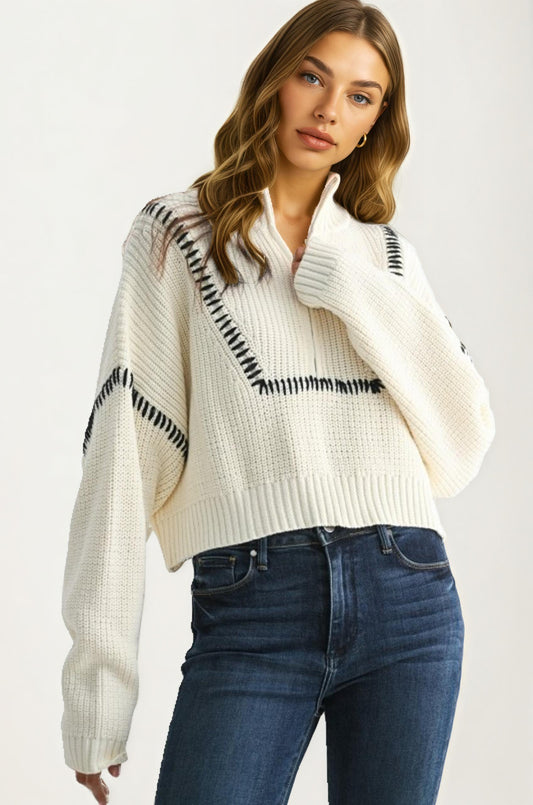 Half-Zip Sweater with Contrast Stitch and Relaxed Fit