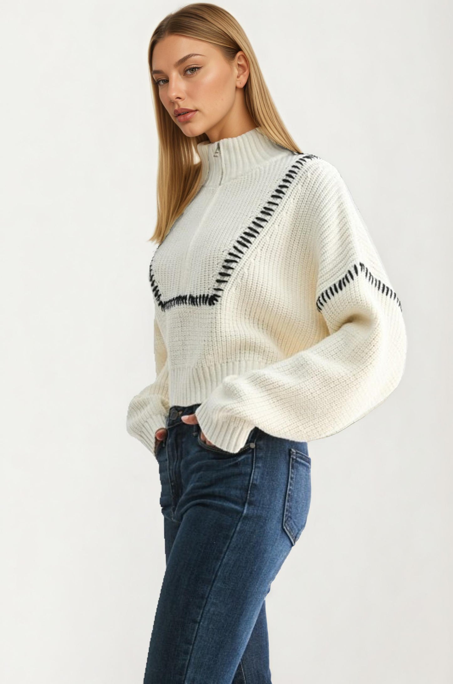 Half-Zip Sweater with Contrast Stitch and Relaxed Fit