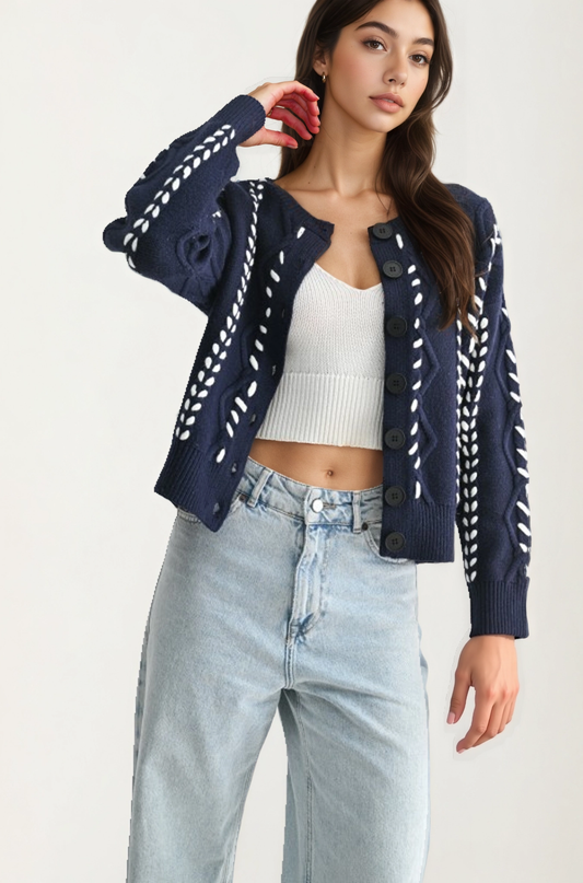 Button Front Cardigan with White Stitch Detailing
