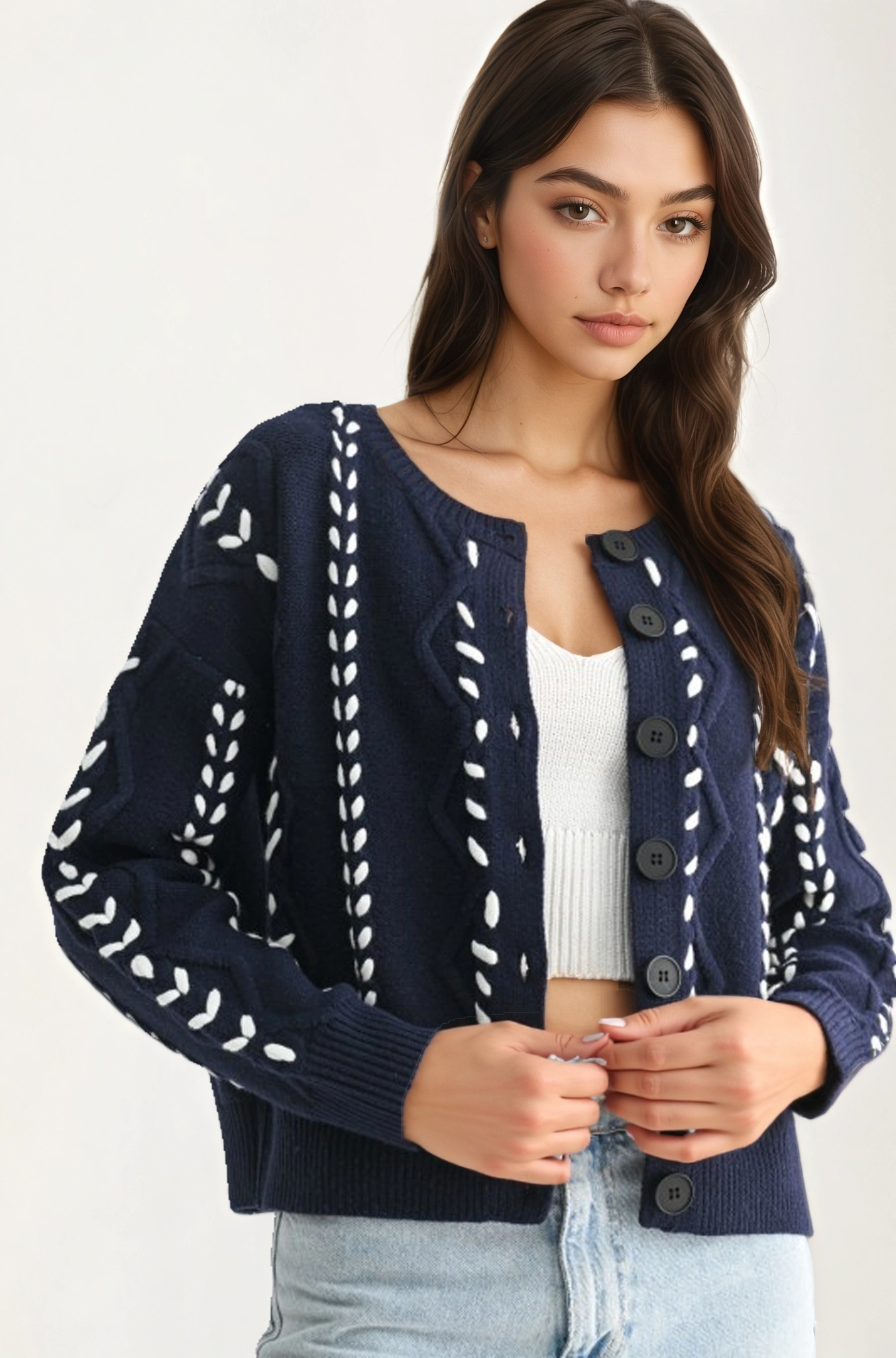 Button Front Cardigan with White Stitch Detailing