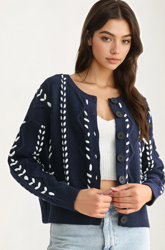 Button Front Cardigan with White Stitch Detailing