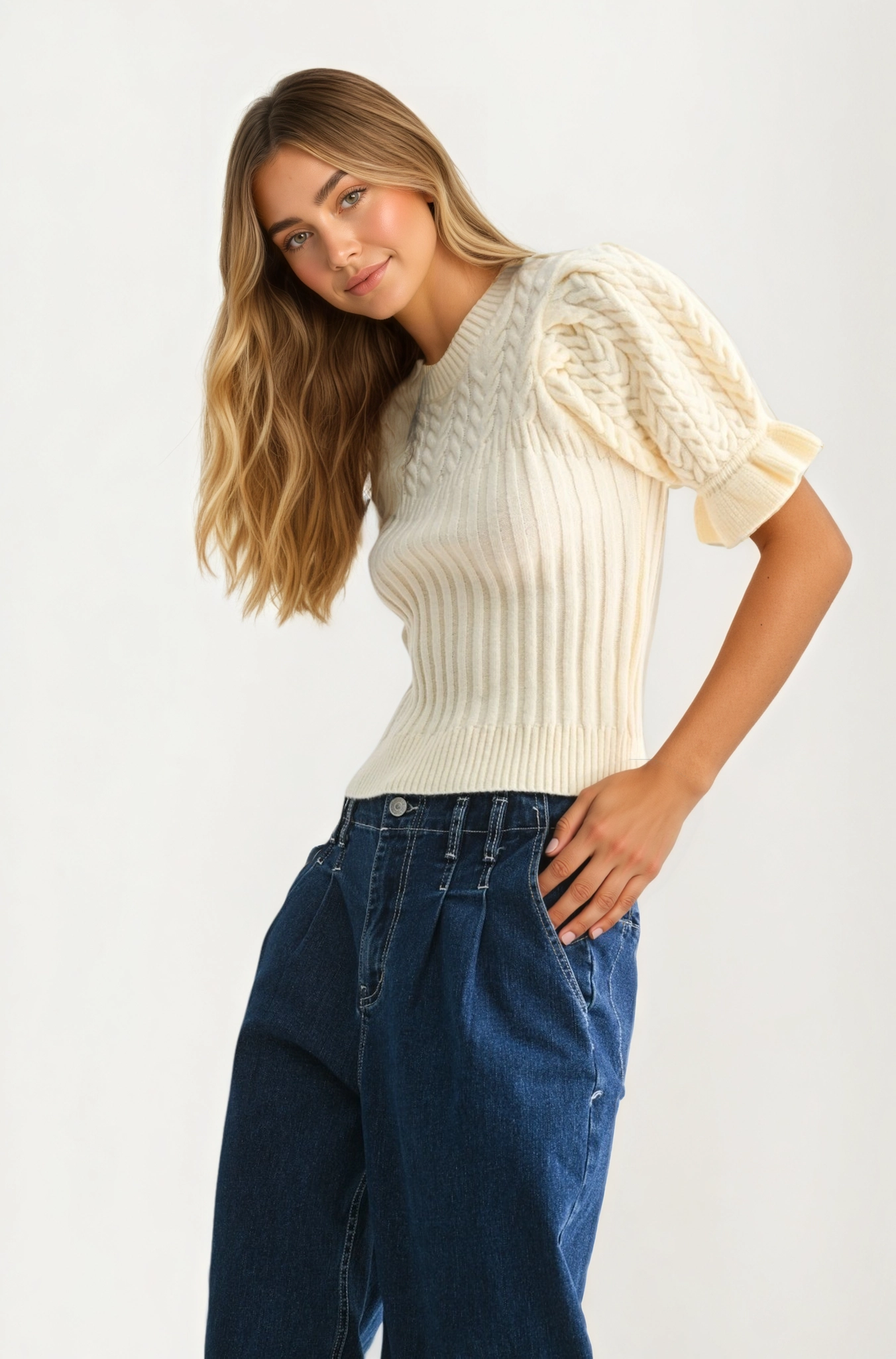 Puff Sleeve Cream Sweater with Cable Knit Detail
