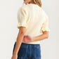 Puff Sleeve Cream Sweater with Cable Knit Detail