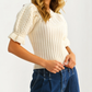 Puff Sleeve Cream Sweater with Cable Knit Detail