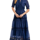 Navy Lace Midi Dress Elbow Sleeves Tiered Skirt Pintuck Detail Eyelet Trim