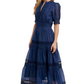 Navy Lace Midi Dress Elbow Sleeves Tiered Skirt Pintuck Detail Eyelet Trim