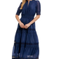 Navy Lace Midi Dress Elbow Sleeves Tiered Skirt Pintuck Detail Eyelet Trim
