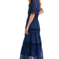 Navy Lace Midi Dress Elbow Sleeves Tiered Skirt Pintuck Detail Eyelet Trim