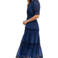 Navy Lace Midi Dress Elbow Sleeves Tiered Skirt Pintuck Detail Eyelet Trim