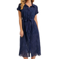 Navy Eyelet Shirt Dress Button Front Tie Waist Short Sleeves Scalloped Hem
