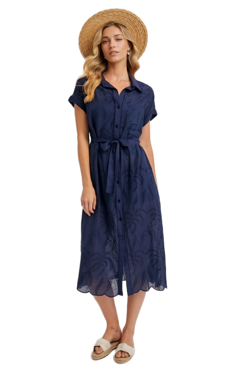 Navy Eyelet Shirt Dress Button Front Tie Waist Short Sleeves Scalloped Hem