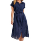 Navy Eyelet Shirt Dress Button Front Tie Waist Short Sleeves Scalloped Hem