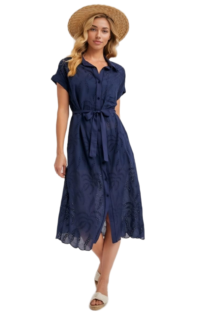 Navy Eyelet Shirt Dress Button Front Tie Waist Short Sleeves Scalloped Hem
