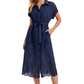 Navy Eyelet Shirt Dress Button Front Tie Waist Short Sleeves Scalloped Hem