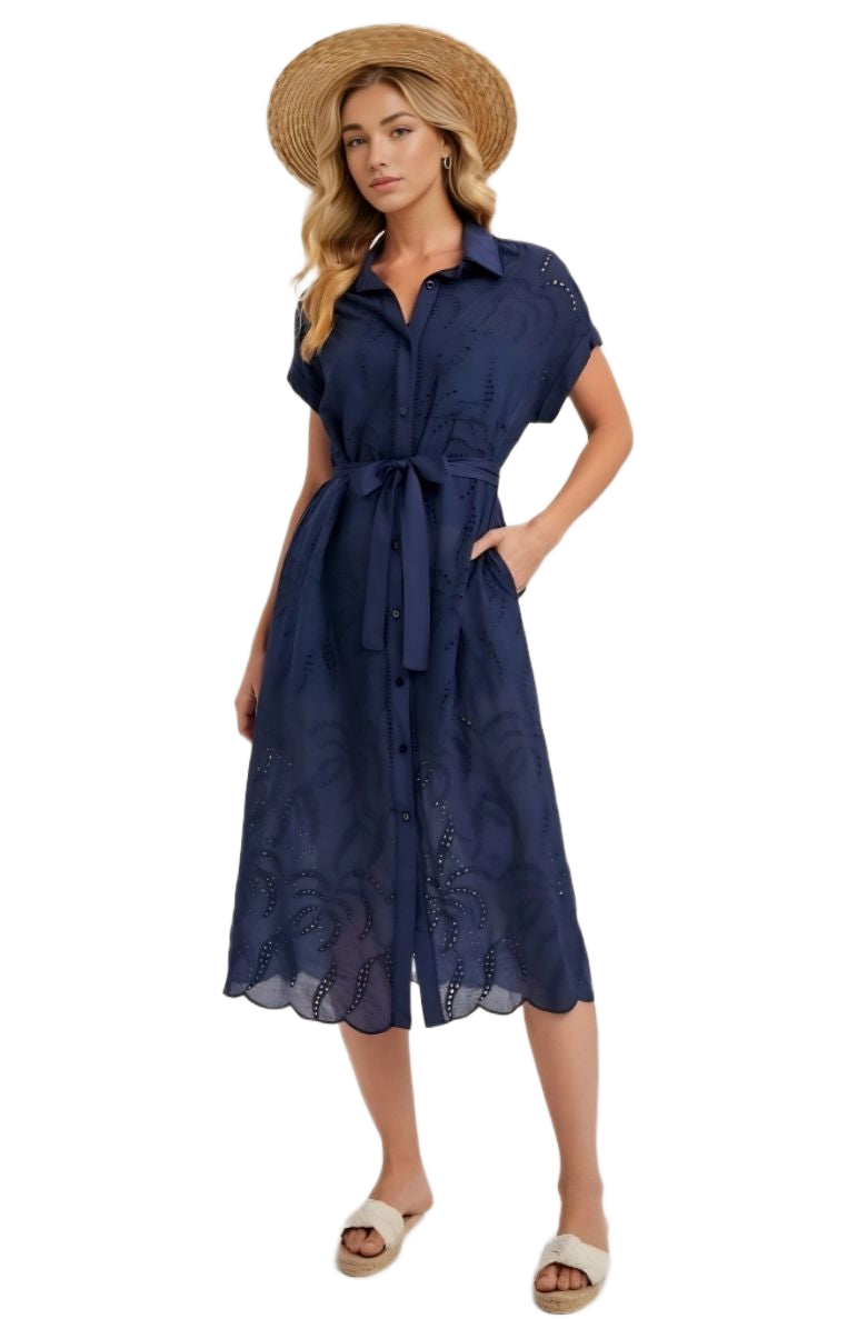Navy Eyelet Shirt Dress Button Front Tie Waist Short Sleeves Scalloped Hem