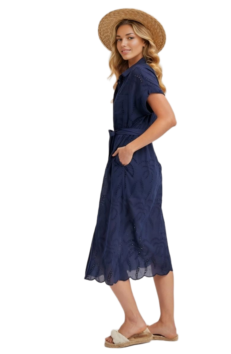 Navy Eyelet Shirt Dress Button Front Tie Waist Short Sleeves Scalloped Hem