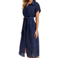 Navy Eyelet Shirt Dress Button Front Tie Waist Short Sleeves Scalloped Hem