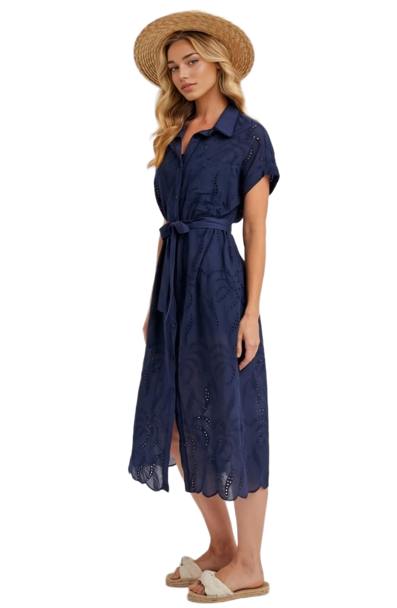 Navy Eyelet Shirt Dress Button Front Tie Waist Short Sleeves Scalloped Hem