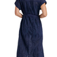 Navy Eyelet Shirt Dress Button Front Tie Waist Short Sleeves Scalloped Hem