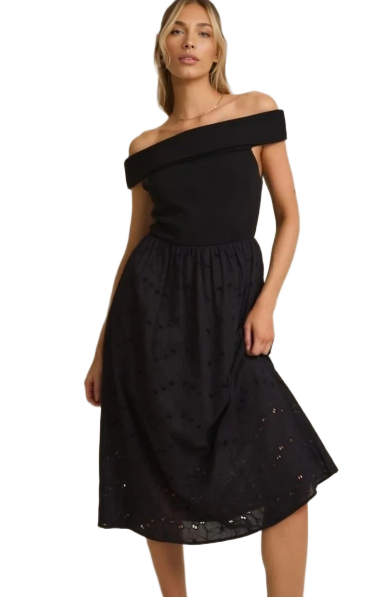 Elegant Off-Shoulder Black Midi Dress with Textured Skirt Detail