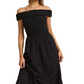 Elegant Off-Shoulder Black Midi Dress with Textured Skirt Detail