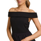 Elegant Off-Shoulder Black Midi Dress with Textured Skirt Detail