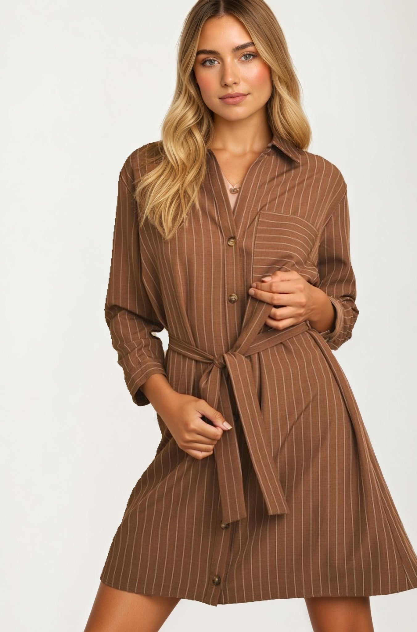 Striped Button Front Shirt Dress With Waist Tie