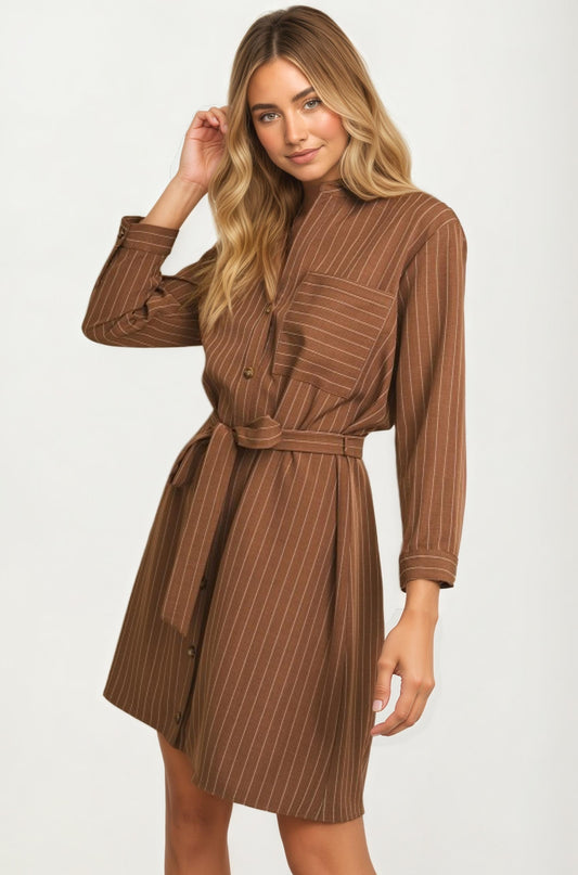 Striped Button Front Shirt Dress With Waist Tie