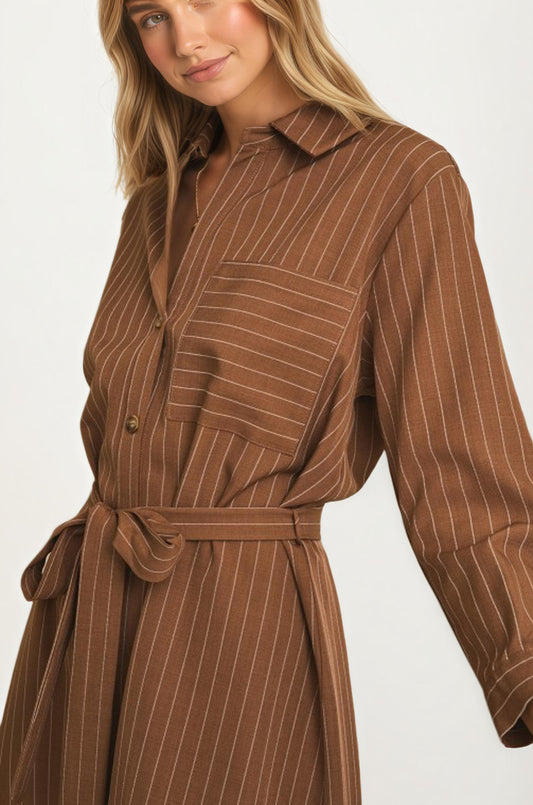 Striped Button Front Shirt Dress With Waist Tie