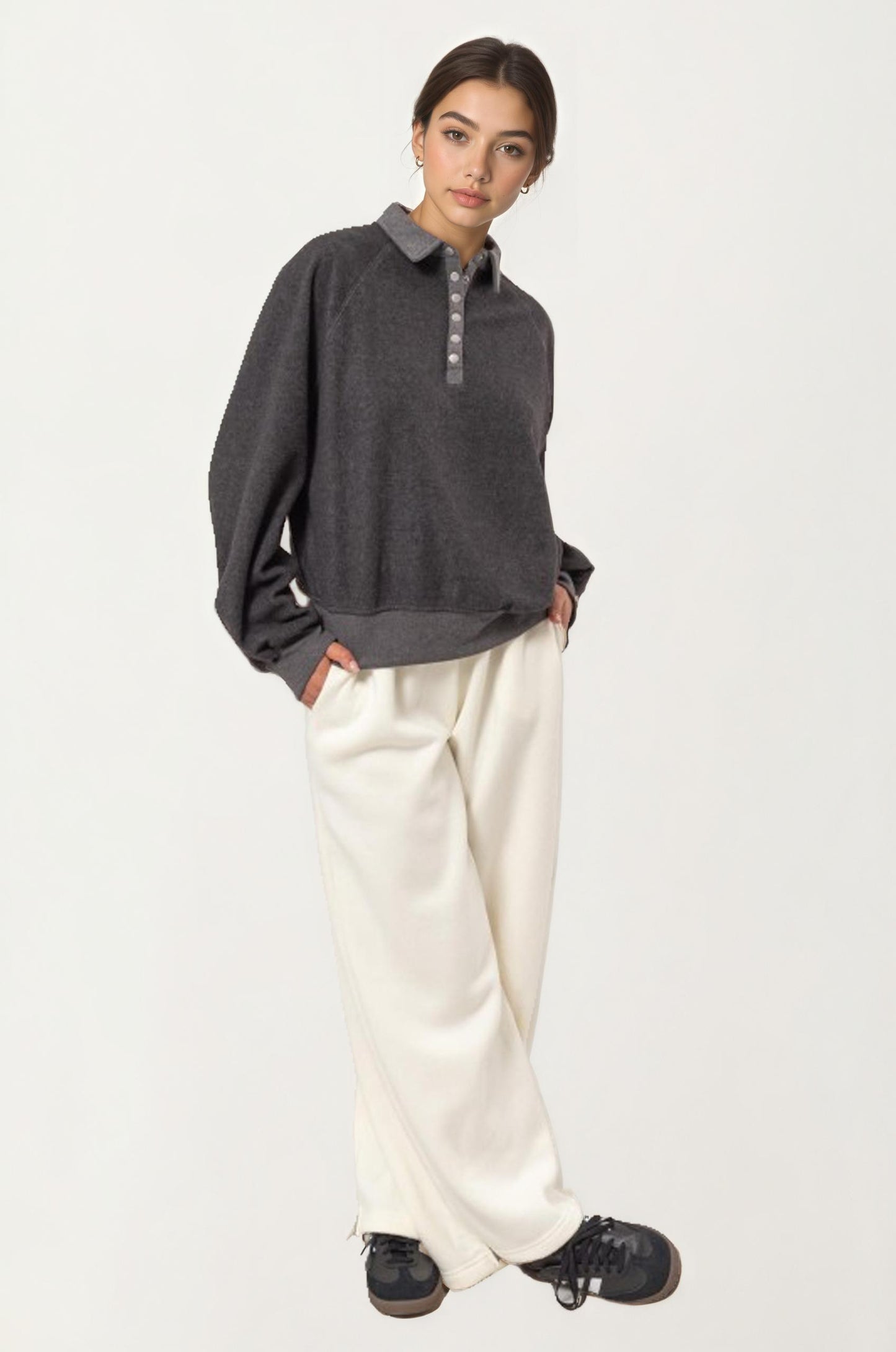 Long Sleeve Collared Pullover with Button Placket