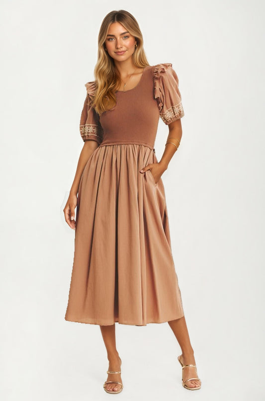 Puff Sleeve Midi Dress with Embroidered Detail
